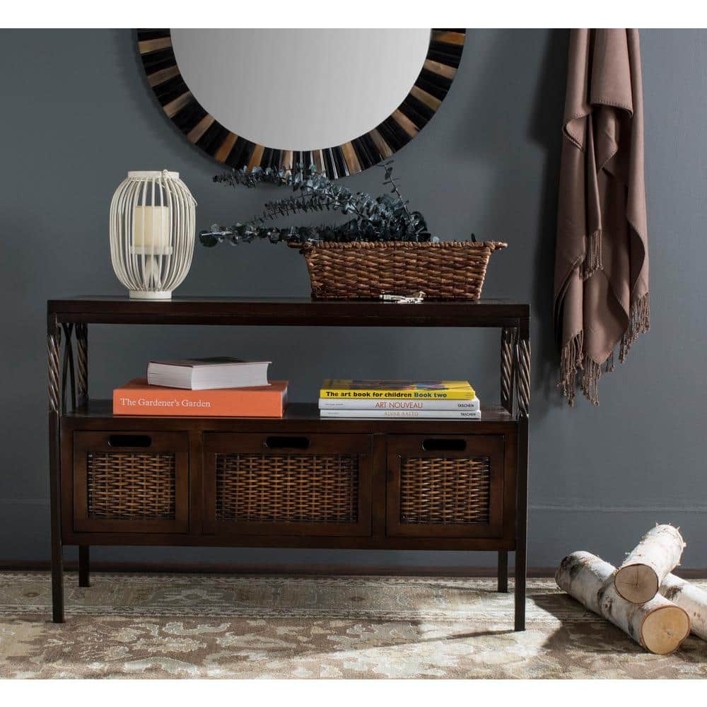 Transitional Joshua 3-Drawer White Media Console with Wicker Accents