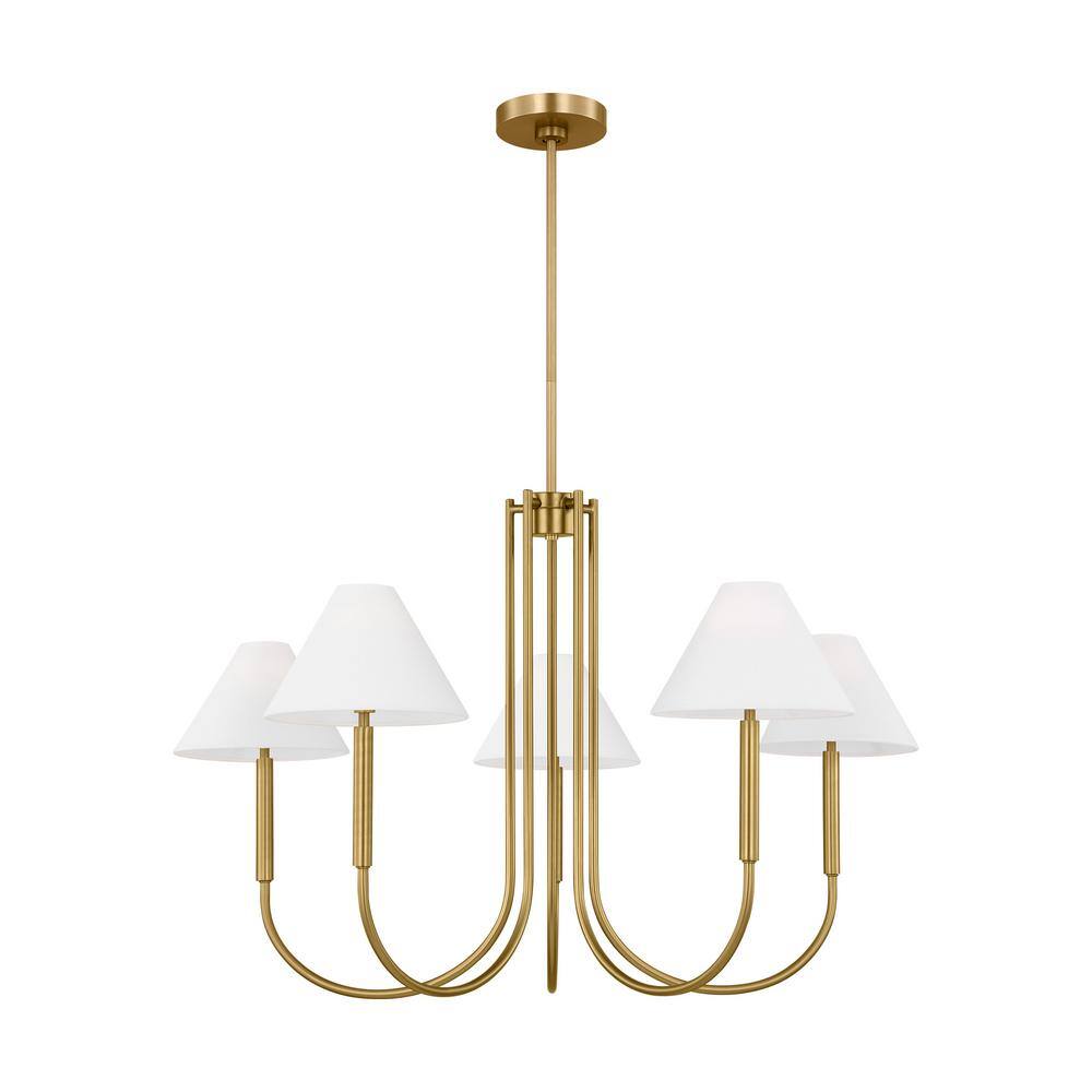 Satin Brass 6-Light Chandelier with White Linen Shades