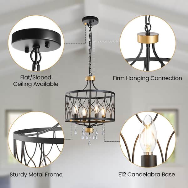 KAISITE 4-Light Black and Gold Dimmable Lantern Drum Chandelier