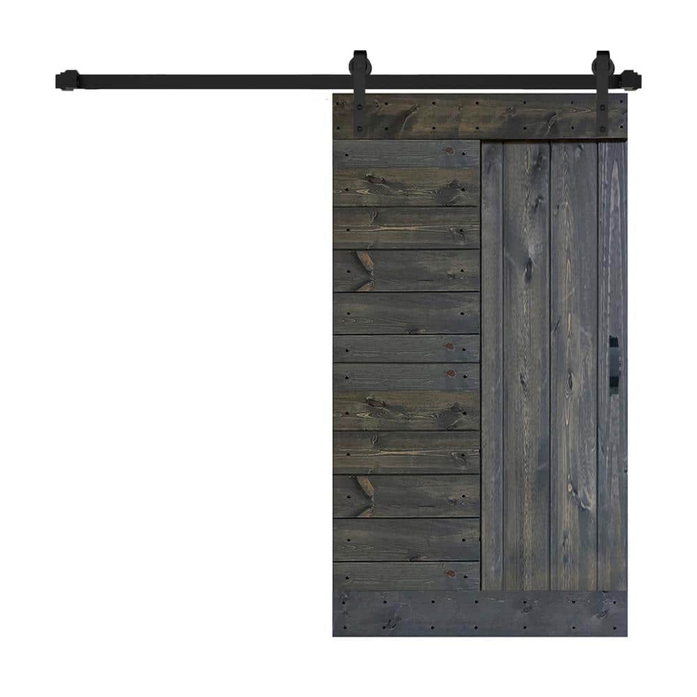 Carbon Gray Solid Knotty Pine Wood Sliding Barn Door Kit with Black Hardware