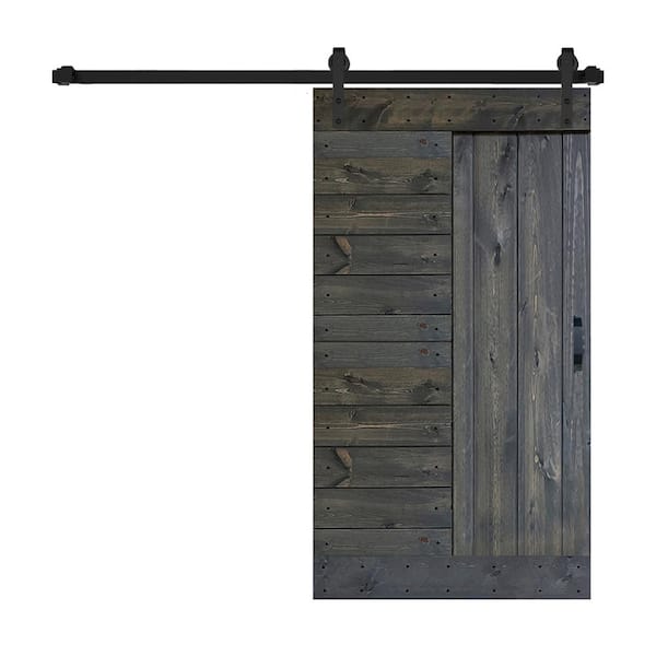 ISLIFE L Series 42 in. x 84 in. Carbon Gray Finished Solid Wood Sliding Barn Door with Hardware Kit - Assembly Needed