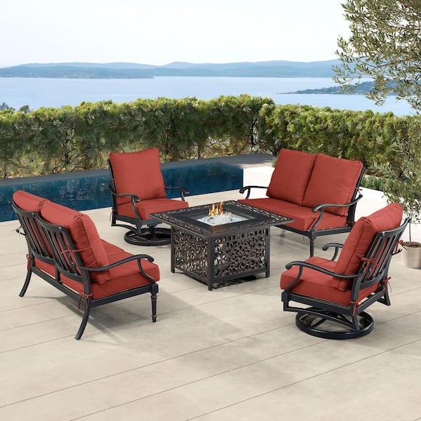 Oakland Living Black 5-Piece Aluminum Patio Fire Table Set with