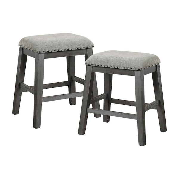 EVERGLADE HOME Lowell 24.5 in. Wire-Brushed Gray Backless Wood Frame Bar Stool with Chenille Seat (Set of 2)