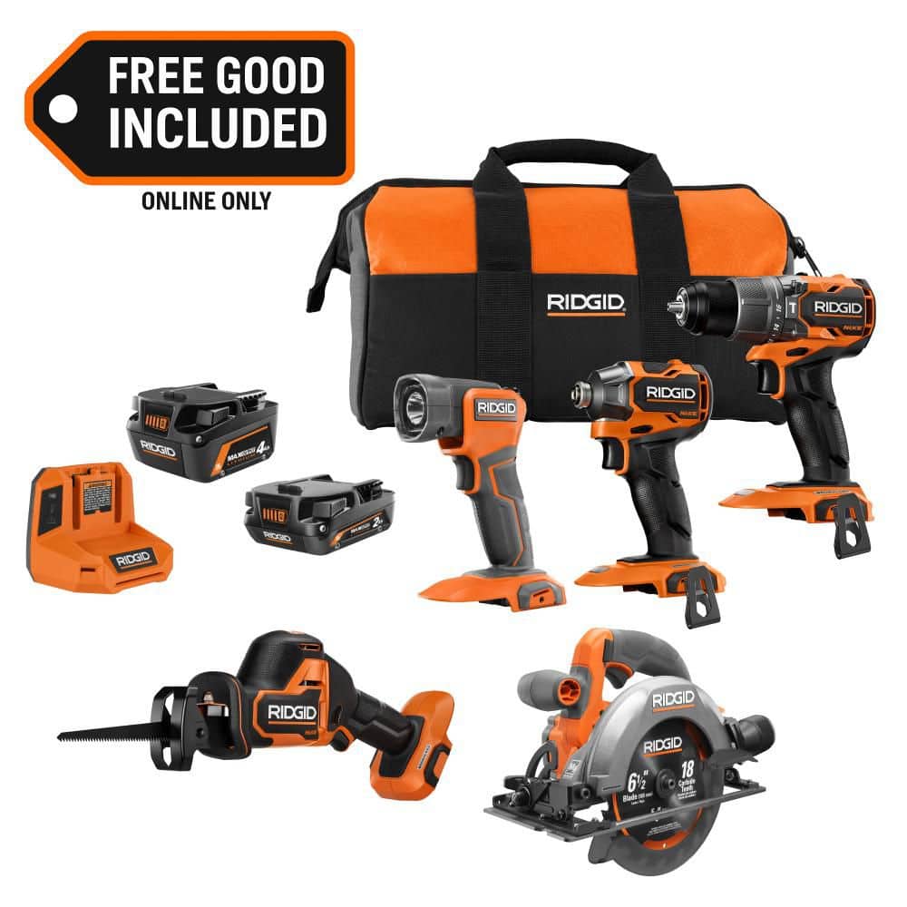 Ridgid "18V NUKE SubCompact Brushless 4-Tool Combo Kit w/ 2Ah, 4Ah Battery, & Charger w/ FREE 18V SubCompact 6-1/2"" Circ Saw"