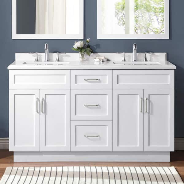 Lincoln 60 in. Double Sink White Bath Vanity with White Engineered Stone Top (Assembled)