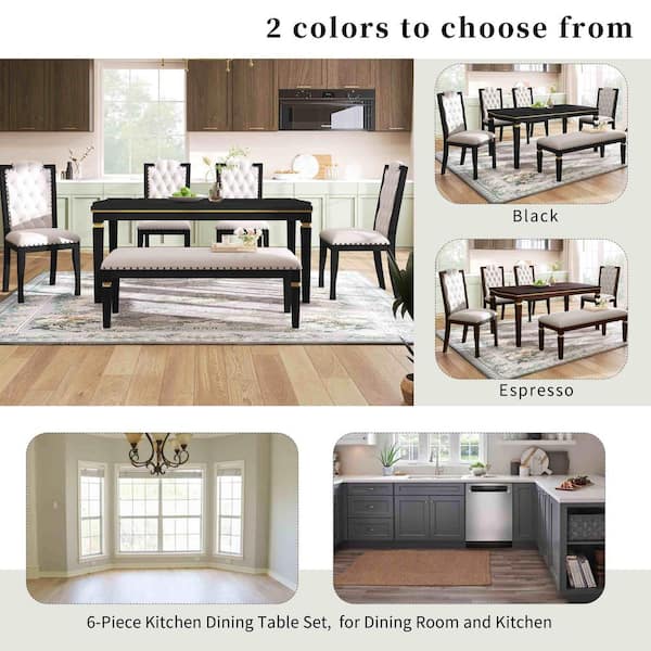 6-Piece Rectangular Black Wood Top Dining Table Set Seats 5 with 4 High-Back Tufted Chairs and 1 Bench