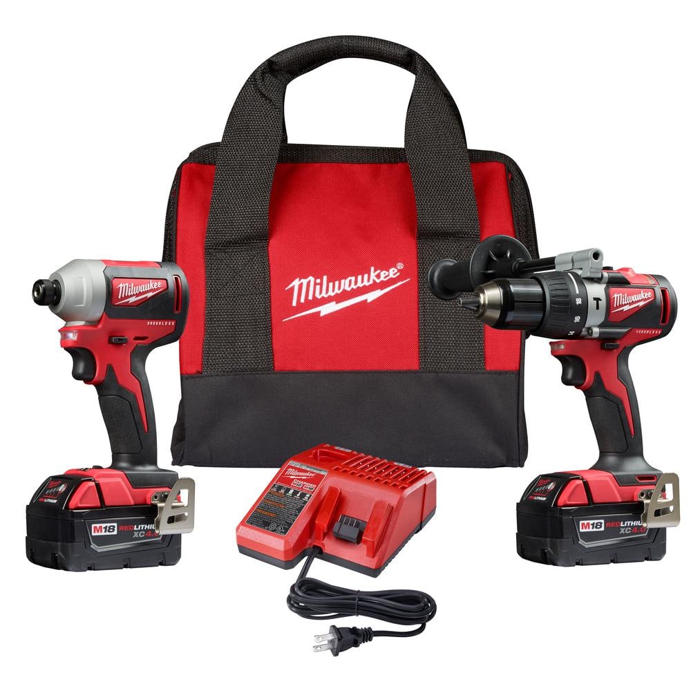 Milwaukee M18 18 Volt Lithium Ion Brushless Cordless Compact Hammer Drill Impact Combo Kit 2 Tool With 2 4 0ah Batteries Bag 2893 22 The Home Depot