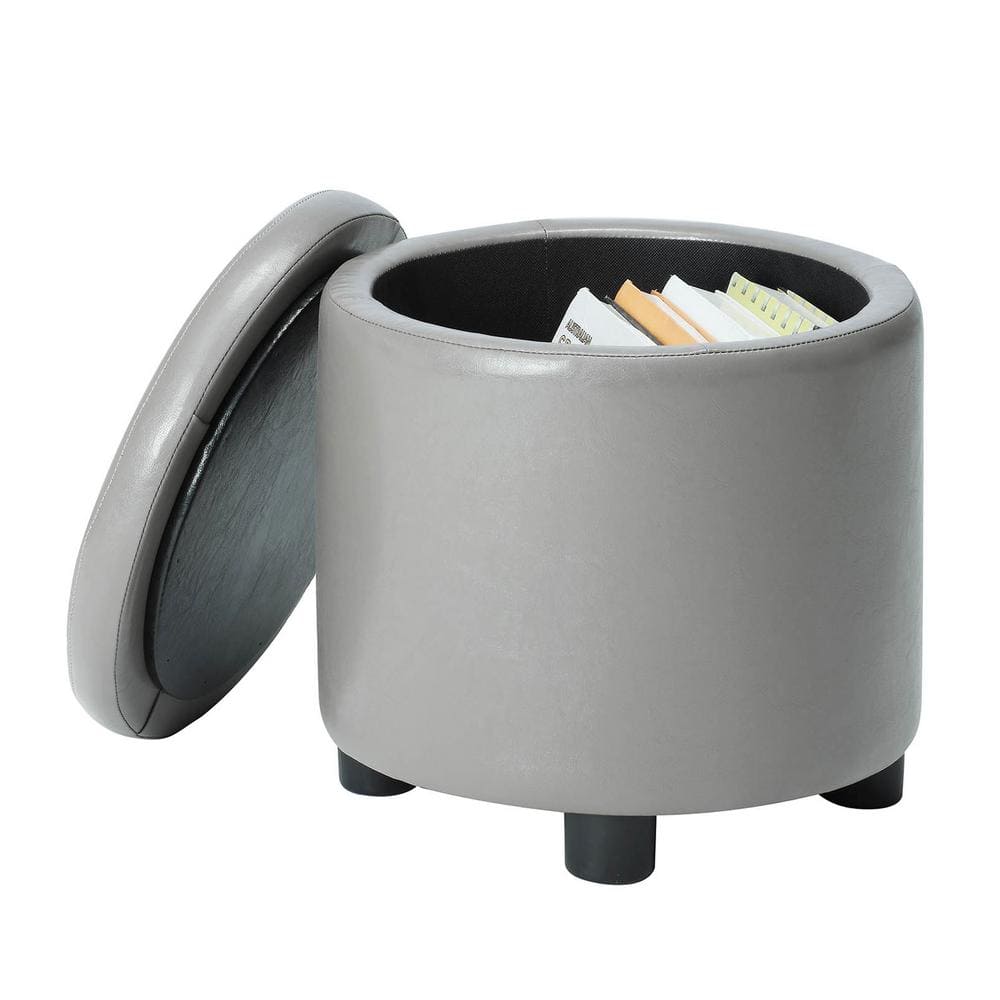 Gray Faux Leather Round Storage Ottoman with Reversible Tray Lid