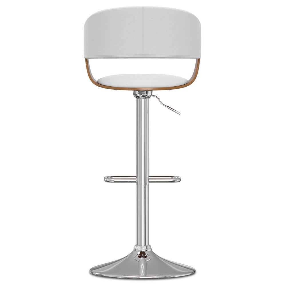 White Faux Leather Adjustable Swivel Bar Stool with Wood Accents