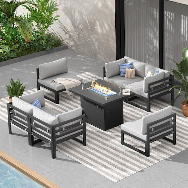 Unbranded Outdoor 7-Piece Aluminum Patio Conversation Set Fire Pit Patio Sets with Aluminum Fire Pit Table, Light Gray Cushions