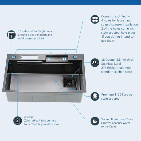 JASIWAY 29.5 in Drop in Single Bowel 16 Gauge Black Stainless Steel Kitchen  Sink with Faucet, Knife Holder and Accessories J-W12251-002 - The Home Depot