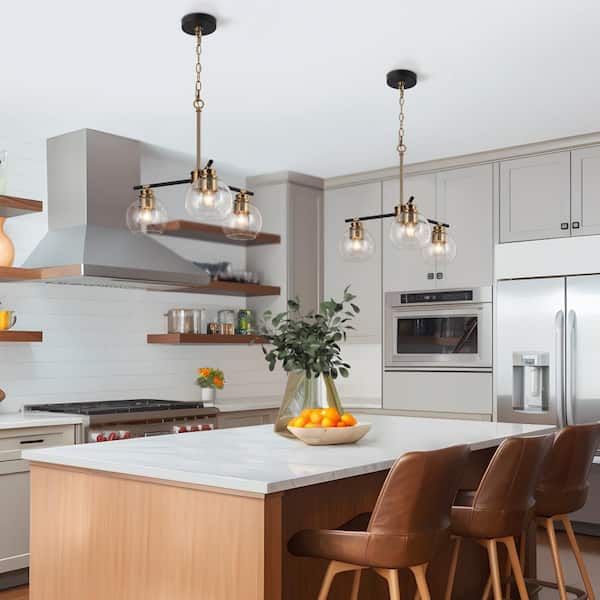 18 in. 3-Light Modern Polished Brass Chandelier, Black Kitchen Island Pendant Light, Seeded Glass Dining Room Chandelier