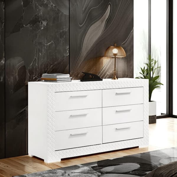 Ivon Glossy White 6-Drawer 63 in. Wide Dresser Without Mirror