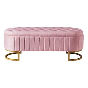 Pink Upholstered Velvet 47.20 in. W Storage Ottoman with Button-Tufted and Metal Legs