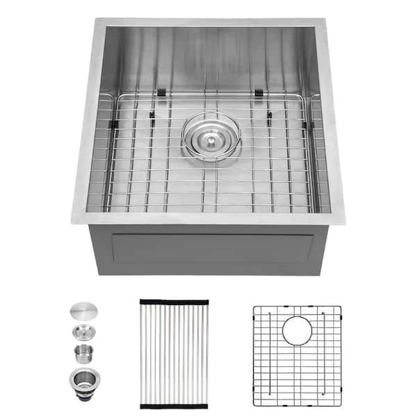 19 in. Undermount Single Bowl 16-Gauge Brushed Nickel Stainless Steel Kitchen Sink with Bottom Grids, Drain Board