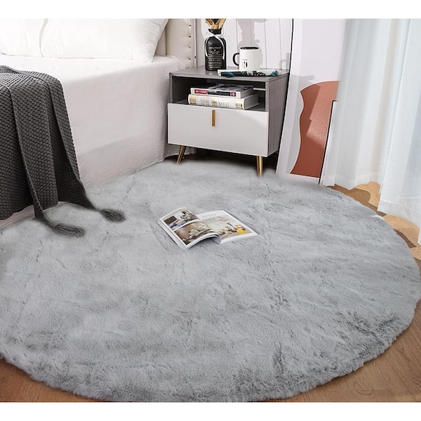 Mmlior Light Gray 5 ft. x 5 ft. Soft Faux Rabbit Fur Round Area Rug