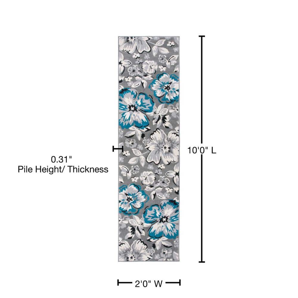 Modern Floral Design Blue and Gray Synthetic Runner Rug