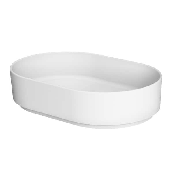 VANITYFUS Solid Resin Oval Vessel Bathroom Sink in White without Drain and faucet
