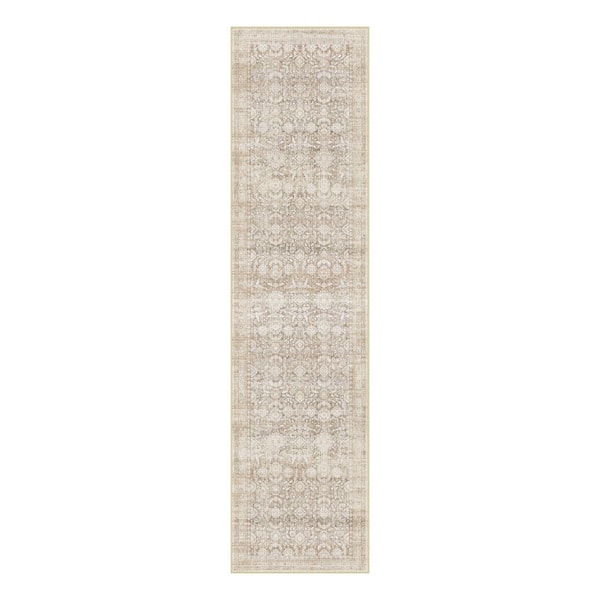Solo 2 ft. X 8 ft. Beige Distressed Vintage Floral Runner Rug