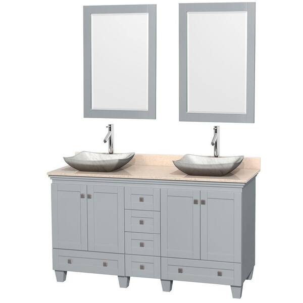 Wyndham Collection Acclaim 60 in. W x 22 in. D Vanity in Oyster Gray with Marble Vanity Top in Ivory with White Basins and 24 in. Mirrors