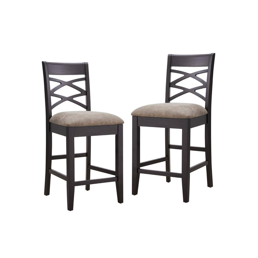 Black Wood Double Crossback Counter Height Stool with Gray Linen Seat