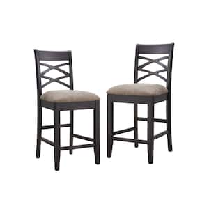 40 in H Wood Double Crossback Black with Dapple Gray Linen Seat Counter Height Stool (Set of 2)