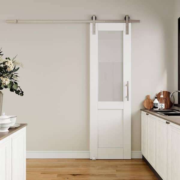 24 in. x 80 in. 1/2 Lite Tempered Frosted Glass White Finished MDF Sliding Barn Door with Hardware Kit Nickel Plated