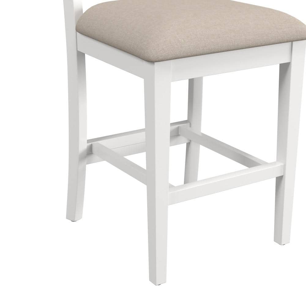 Bayberry White Wood Counter Stools with Beige Upholstery, Set of 2