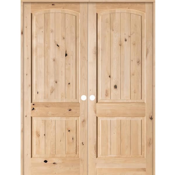 Krosswood Doors 48 in. x 96 in. Rustic Knotty Alder 2-Panel Arch Top VG Both Active Solid Core Wood Double Prehung Interior French Door
