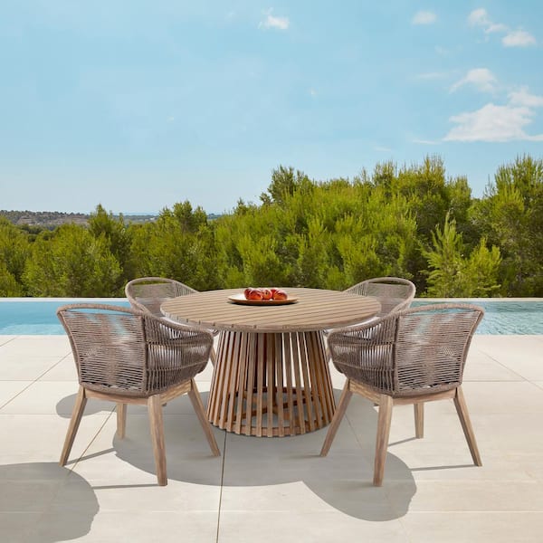 Armen Living Escondido and Tutti Frutti Light Brown 5-Piece Eucalyptus Wood Outdoor Dining Set with Light Gray Cushions