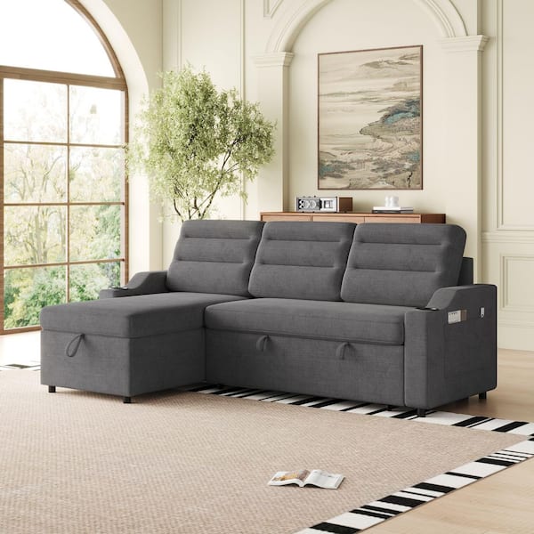 Modern 83.5 in. Dark Grey Fabric Twin Size Sofa Bed with Storage and Cup Holder