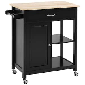 Rolling Black Solid Wood Top 33 in. Kitchen Island Cart with Adjustable Shelf