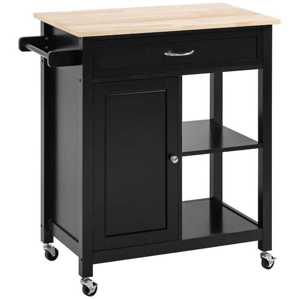 FAMYYT Rolling Black Solid Wood Top 33 in. Kitchen Island Cart with Adjustable Shelf