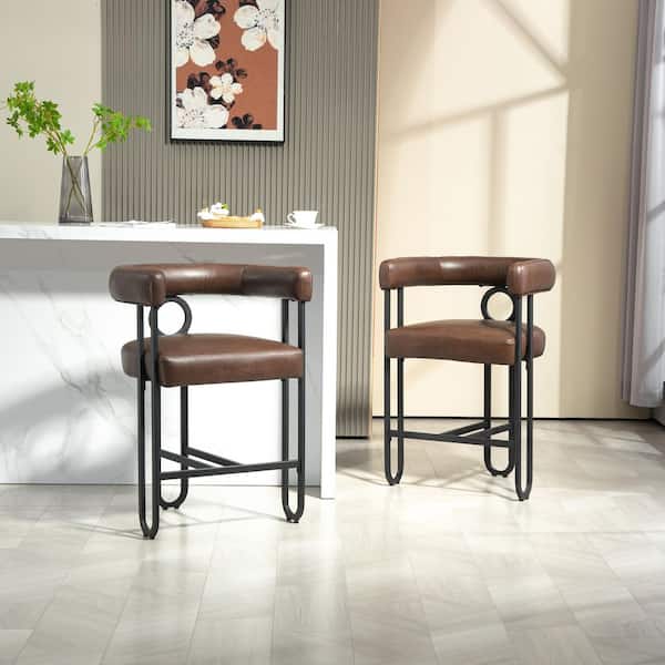 24 in. Modern PU 1-Seater (Set of 2) Metal Frame Upholstered Arm Chair Bar Stool with Back in Dark Brown