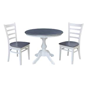 Set of 3-pcs - White/Heather Gray 36 in. Solid Wood Pedestal Table and 2 Side Chairs
