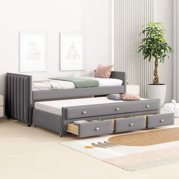 Harper & Bright Designs Gray Twin Size Velvet Upholstered Daybed with Twin Size Trundle and 3 Drawers