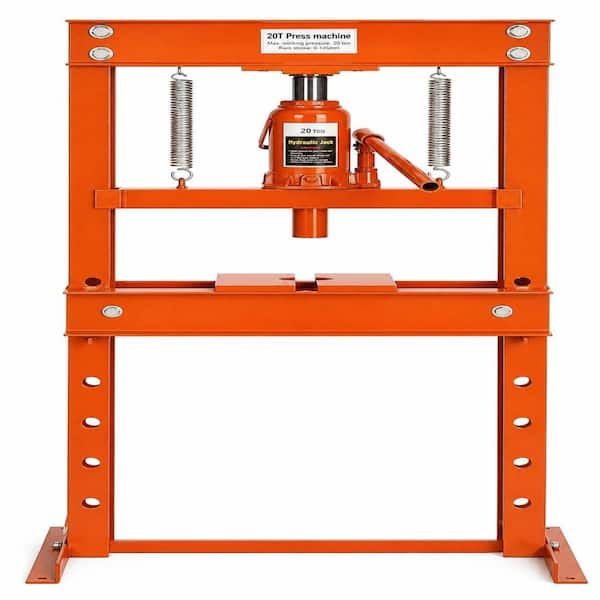 20 Ton Orange Carbon Steel Hydraulic H-Frame Shop Press with Adjustable Work Table, Press Plates