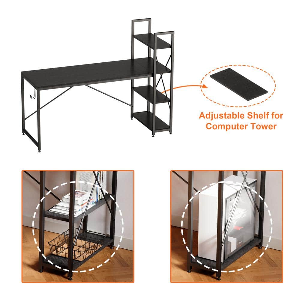 63" Black Oak Writing Desk with Headphone Hook and Reversible Bookshelf