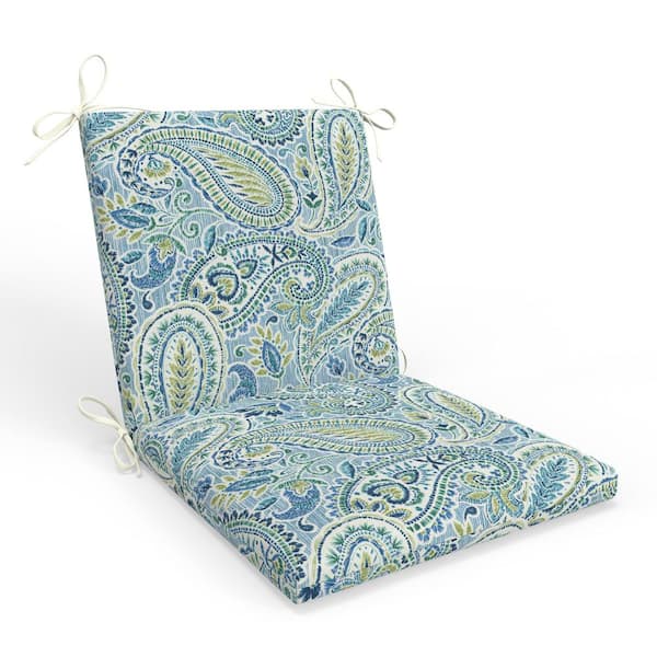 Pillow Perfect Paisley 18 in W x 3 in H Outdoor Piece Solid Back Dining Chair Cushion Set w/ Ties 1-Count in Blue Arctic Stone