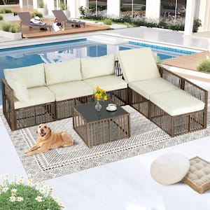 5-Piece Patio Rattan Furniture Set Cushioned Sofa Chair Coffee with Beige Cushion