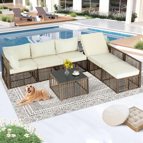 MIRAFIT Gray 7-Piece Wicker Patio Conversation Sectional Seating Set with GushionGuard Beige Cushions