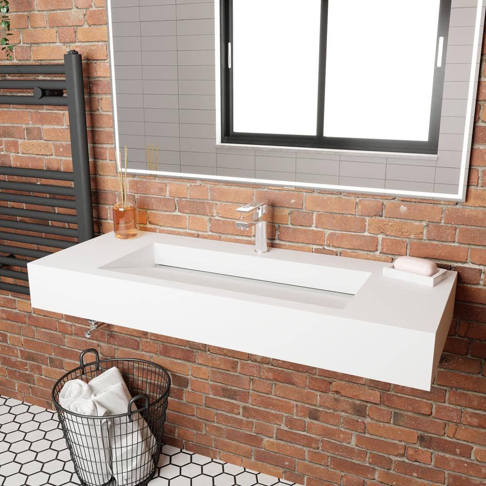 48" White Wall-Mounted Rectangular Stone Bathroom Sink