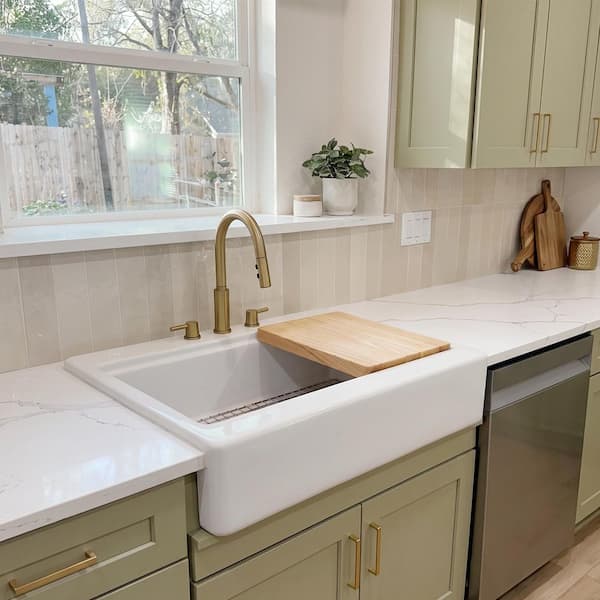 Parker 34 in. 3-Hole Quick-Fit Farmhouse/Apron-Front Drop-In Single Bowl White Fireclay Workstation Kitchen Sink