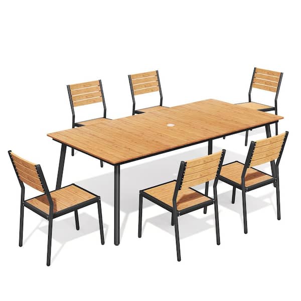 82.7 in. Brown Dining Table with Wood-Like Top and Brown Stackable Dining Chairs (Set of 6)