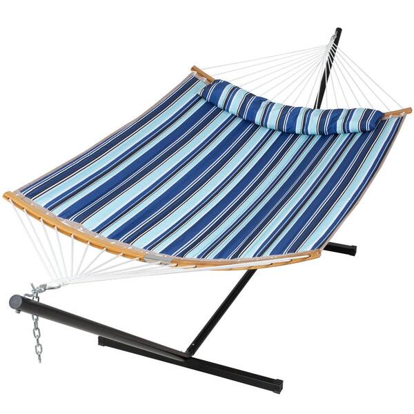 12 ft. Free Standing 475 lbs. Capacity Heavy Duty 2 Person Hammock with Stand and Detachable Pillow in Blue Stripes