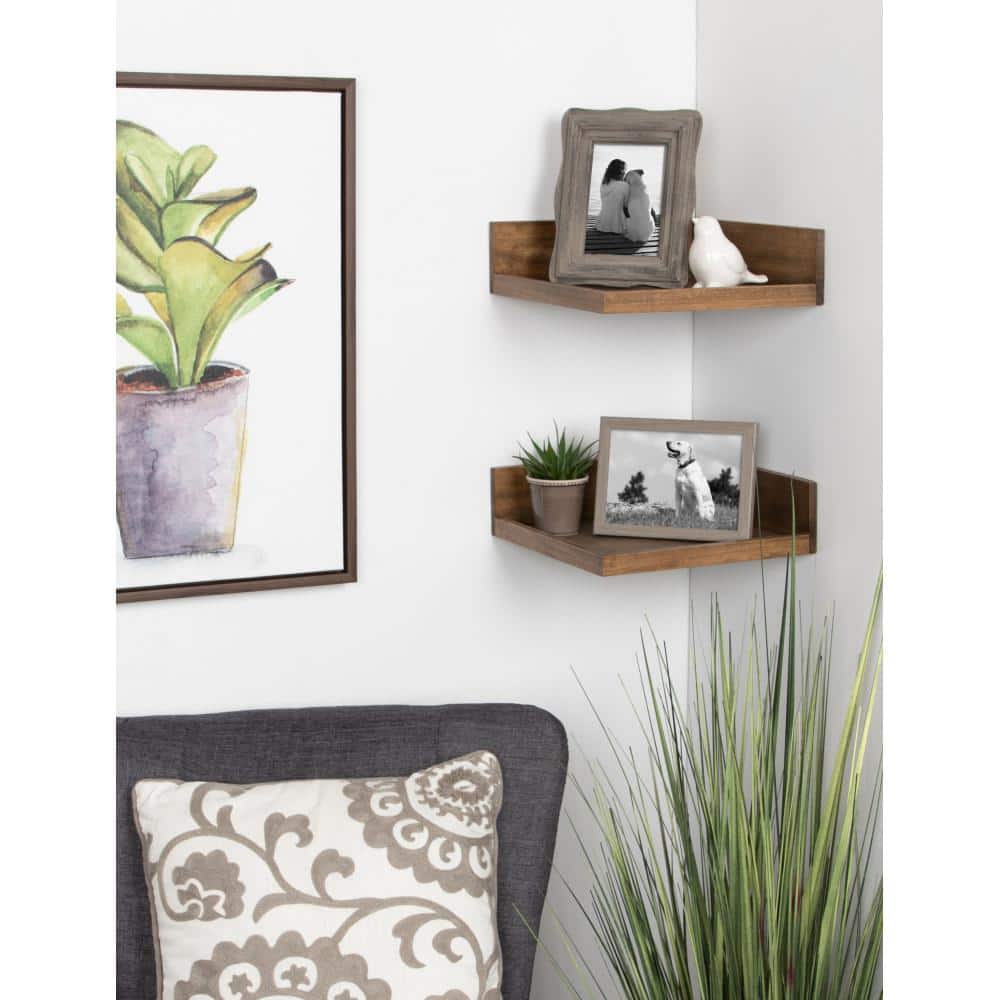 Rustic Brown Wood Floating Corner Wall Shelves, 16" Set of 2