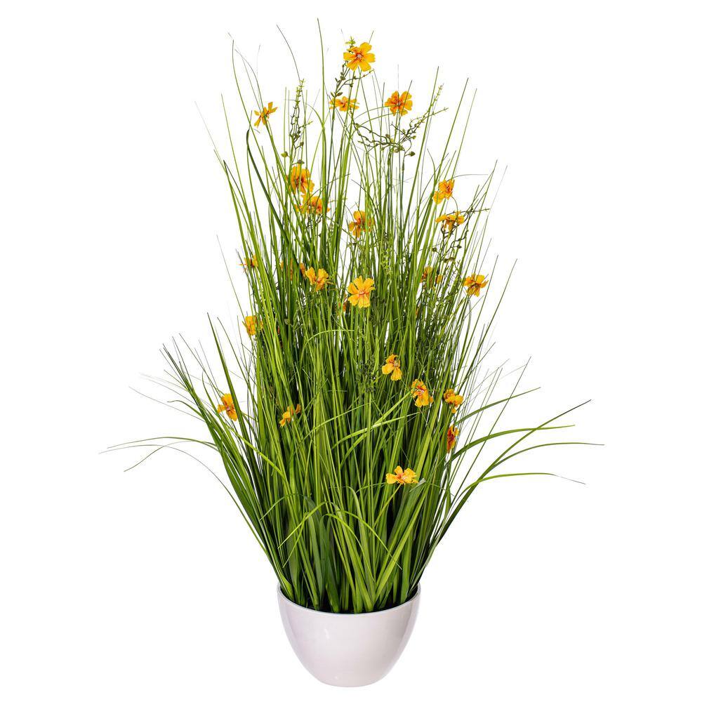 Elegant 42" Yellow Cosmos & Green Grass Outdoor Arrangement in Classic White Pot