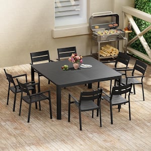 Black 9-Piece Aluminum Outdoor Dining Set with 58.6 in. Extension and Armchair
