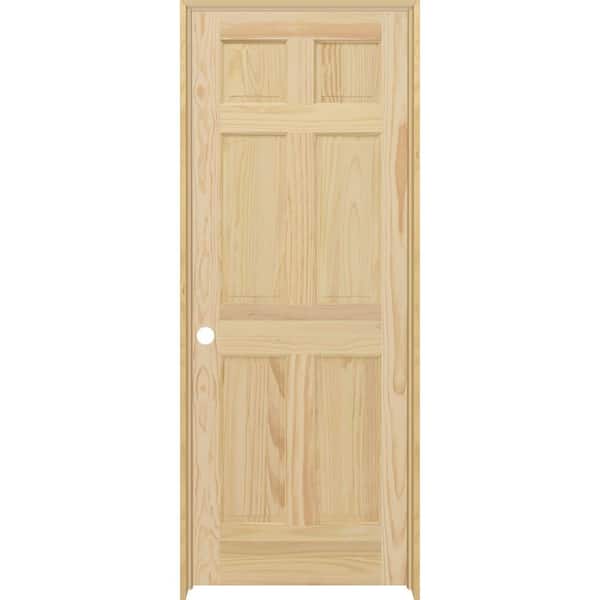 Steves & Sons 24 in. x 80 in. 6-Panel Right-Hand Unfinished Pine Wood Single Prehung Interior Door with Nickel Hinges