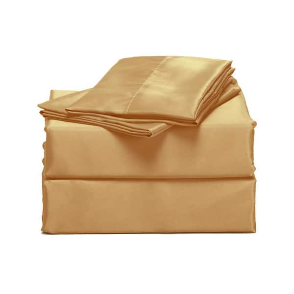 Luxury Home 4-Piece Gold Solid Satin Microfiber Full Sheet Set